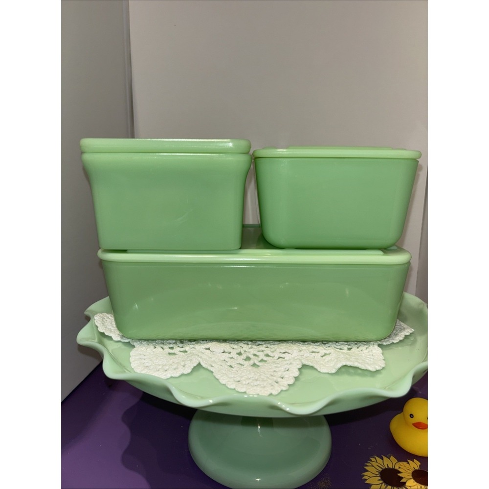 3 McKee Glass Covered Refrigerator Dishes 8X5" & 5X4" 6 pieces